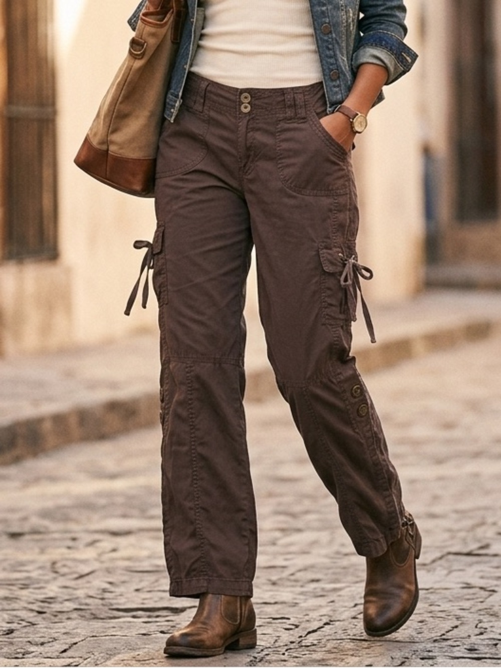 Y2K Womens Sz 16 Brown Cargo Utility Gorpcore Roll Tab Hiking Convertible Pants